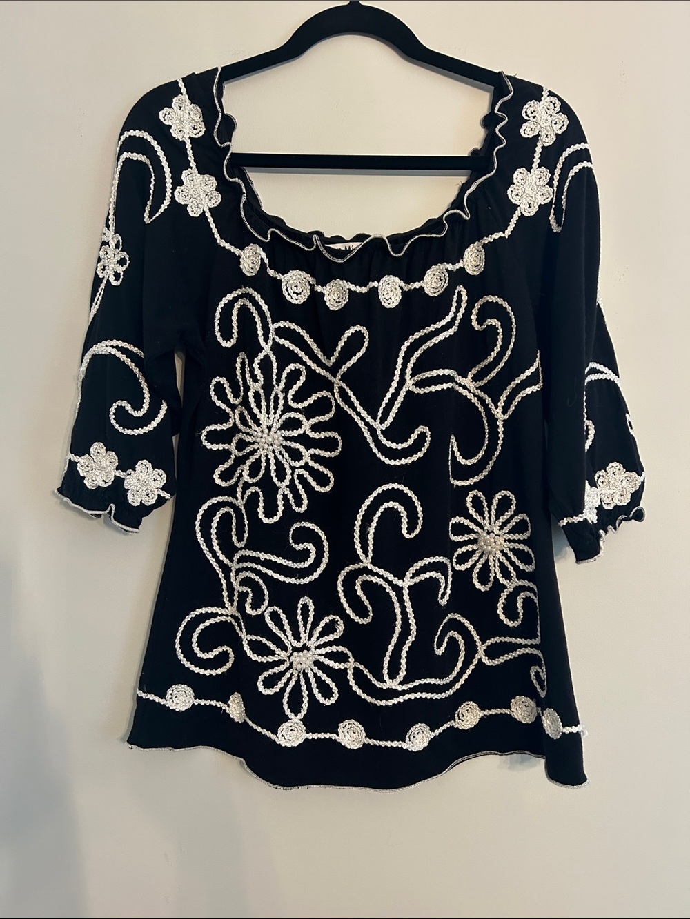 Lauren Michelle Black Peasant Top with White Embroidered Floral Trim